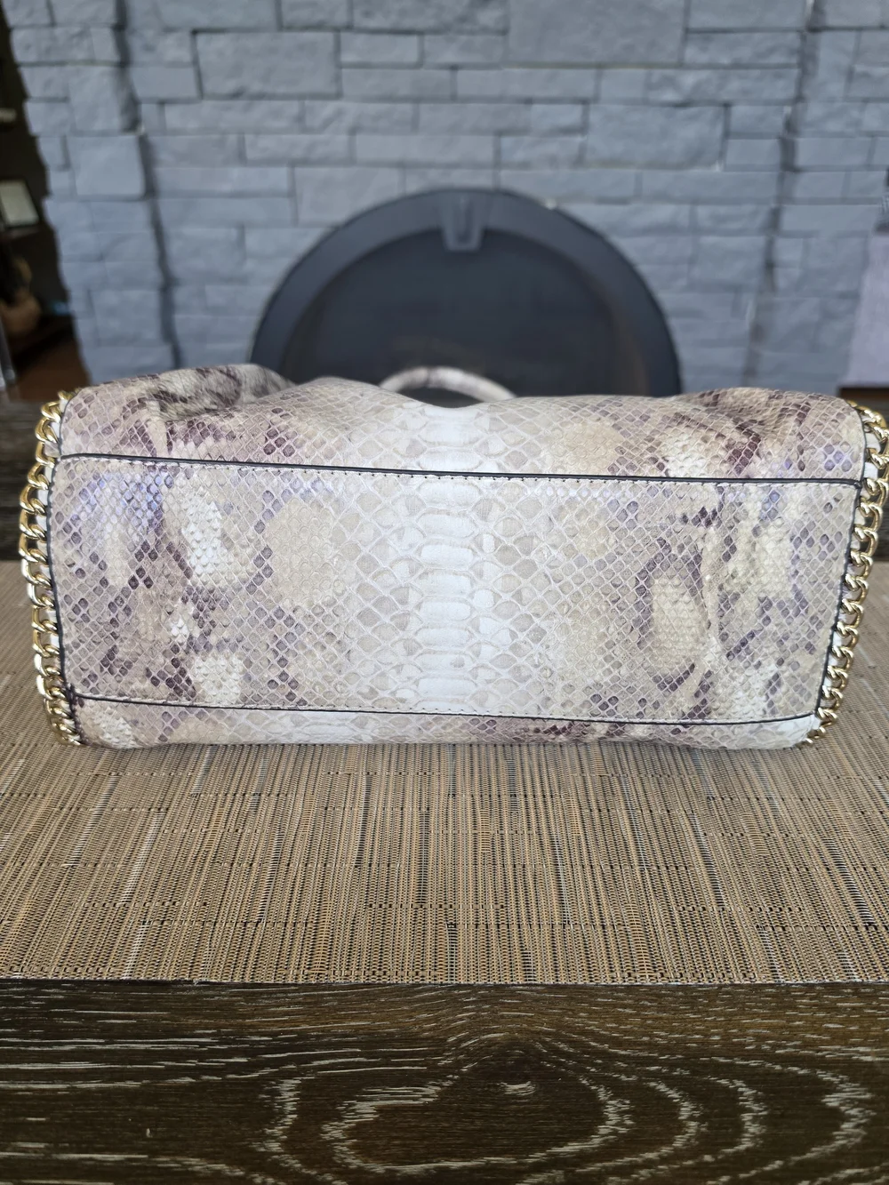 GUESS Women's Snake-Embossed Satchel in Cream with Gold Chain Accents